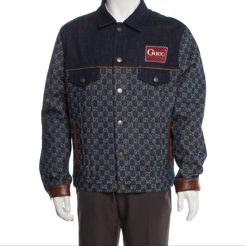 Authentic Gucci Jacquard Monogram Washed Organic Denim Jacket